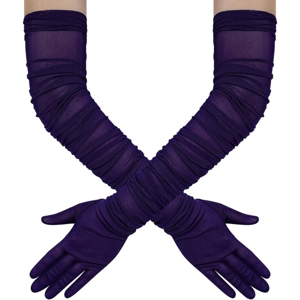 Women's Purple Stretchy Tulle Spandex Mesh Sheer Satin Long Gloves Party Prom